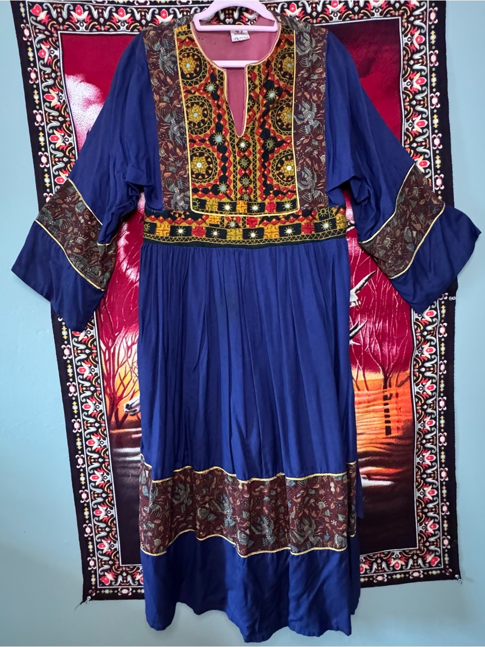AMAZING 70s embroidered dress w/ bell sleeves and mirror details
